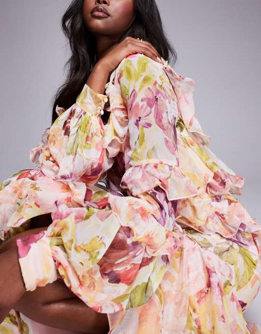 ASOS LUXE organza and chiffon printed asymmetrical maxi dress with in vintage floral 