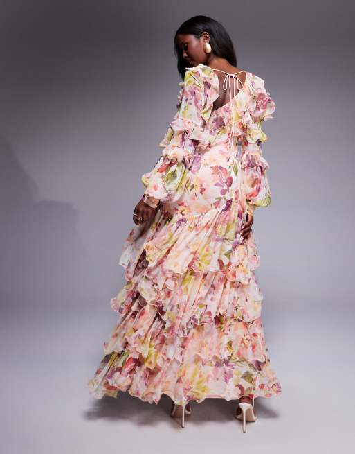 ASOS LUXE organza and chiffon printed asymmetrical maxi dress with in vintage floral 