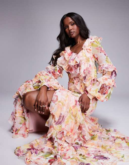 ASOS LUXE organza and chiffon printed asymmetrical maxi dress with in vintage floral 