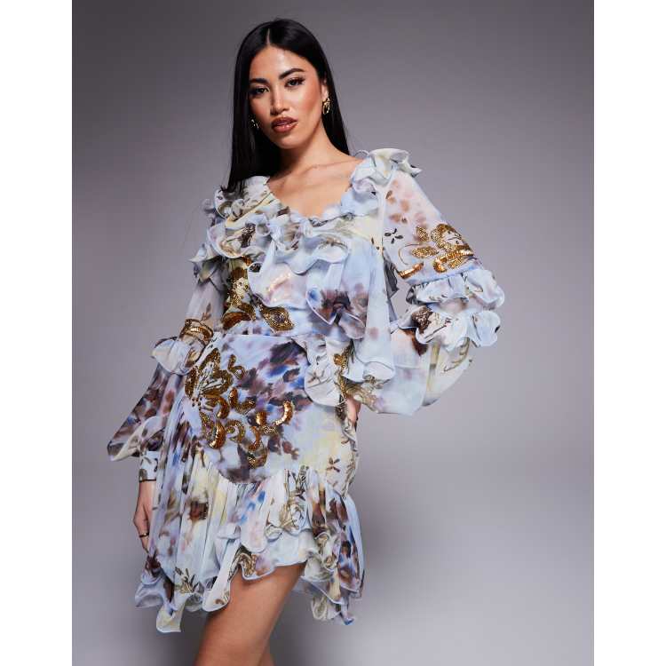 ASOS LUXE organza and chiffon printed asymmetrical mini