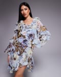[ASOS LUXE] ASOS LUXE organza and chiffon printed asymmetrical mini dress with embellishment in blue western floral 8 BLUE