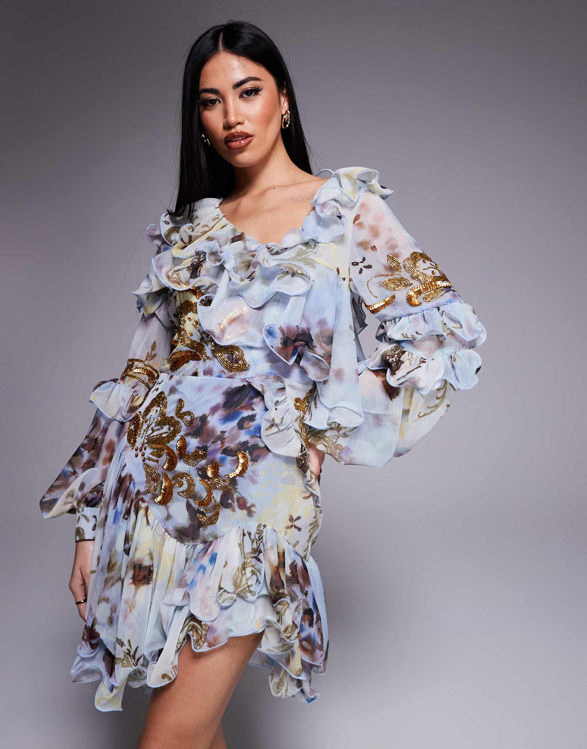 asos luxe organza and chiffon printed asymmetrical mini dress with embellishment in blue western floral
