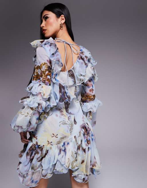 ASOS LUXE organza and chiffon printed asymmetrical mini dress with embellishment in blue western floral