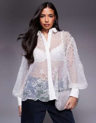 organza and lace mix pearl embellished shirt in white