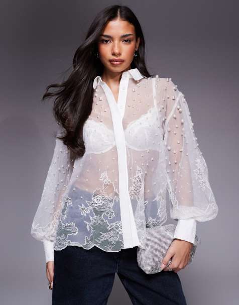 ASOS LUXE organza and lace mix pearl embellished shirt in white - view 1