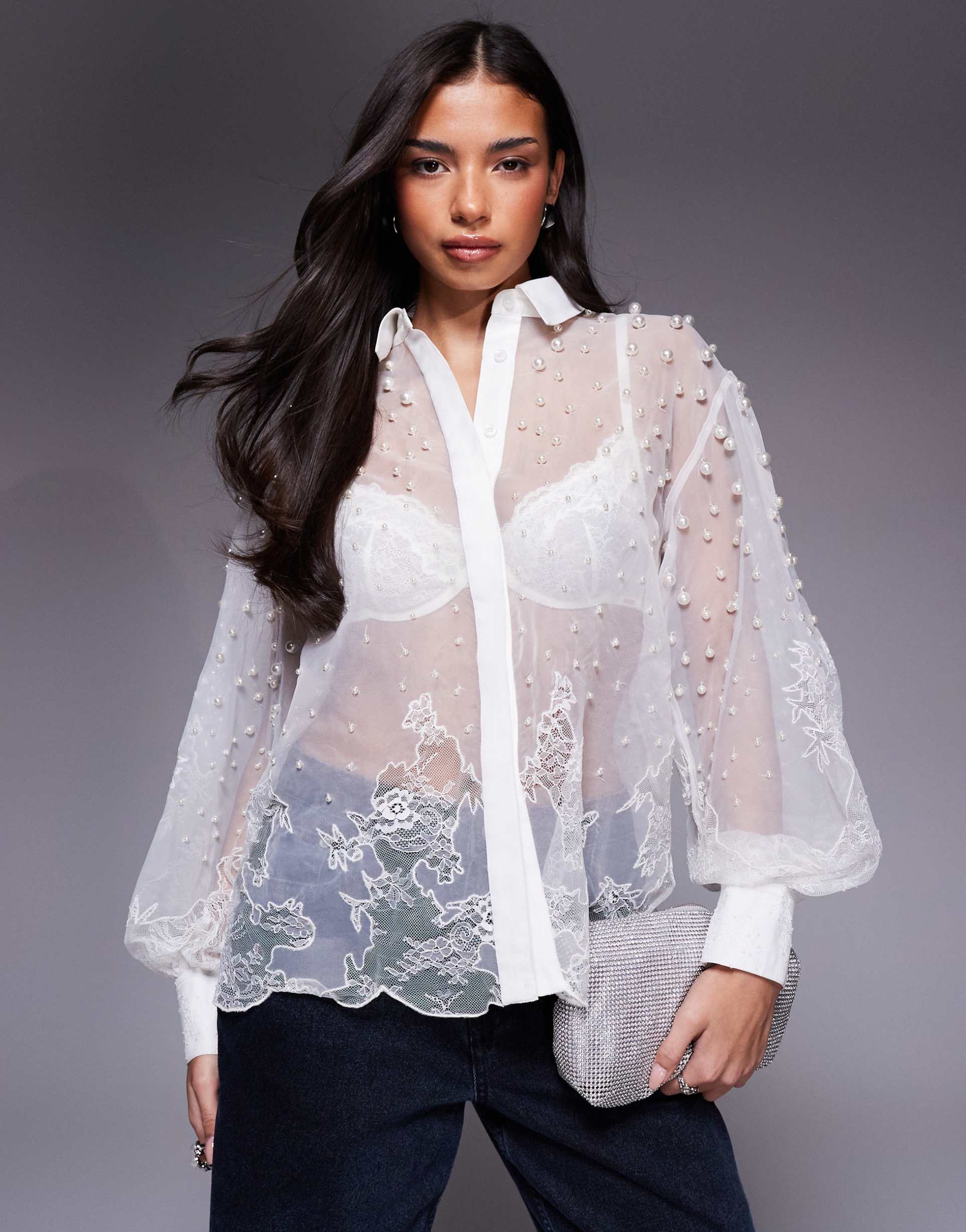 asos luxe organza and lace mix pearl embellished shirt in white