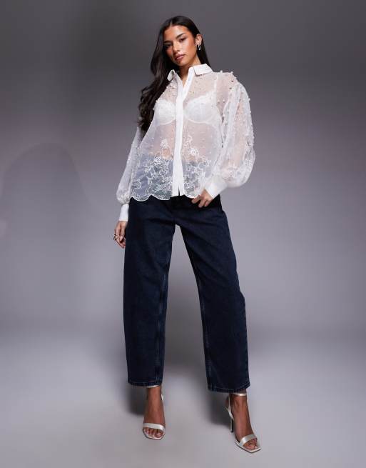 ASOS LUXE organza and lace mix pearl embellished shirt in white, 2 of 4