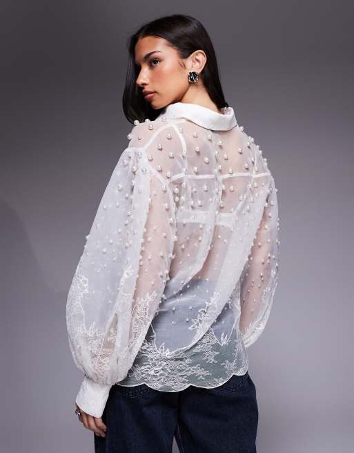 ASOS LUXE organza and lace mix pearl embellished shirt in white, 3 of 4