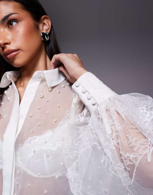 ASOS LUXE organza and lace mix pearl embellished shirt in white, 4 of 4