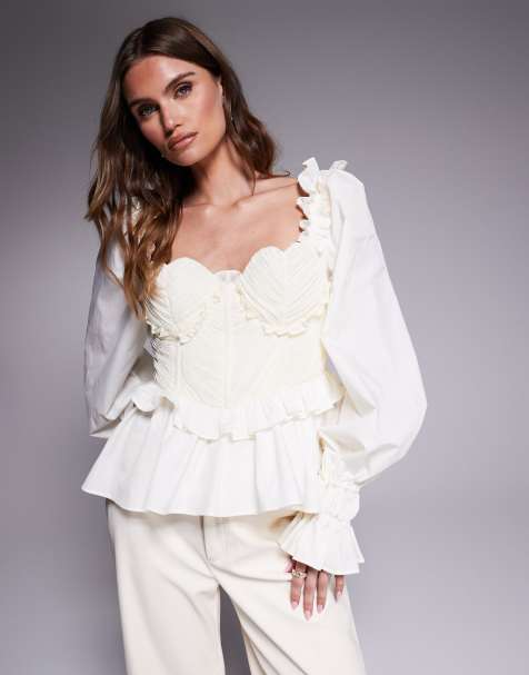 ASOS LUXE organza and poplin mix heart bust blouse in cream - view 1