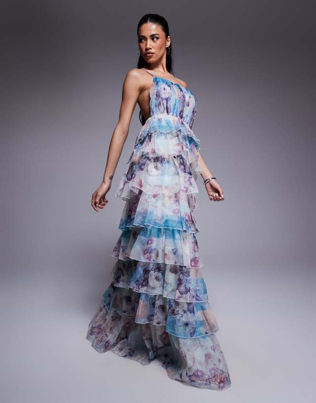 asymmetric organza dress ASOS LUXE ruffle maxi in floral print Back Fabric model:Whynter Unleash your inner goddess Color:Pistachio