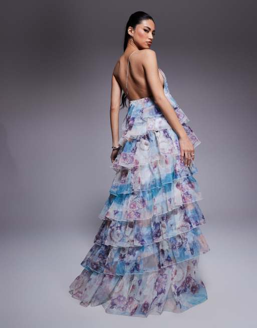 ASOS LUXE organza asymmetric ruffle maxi dress in floral