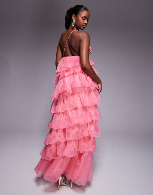 ASOS LUXE organza asymmetric ruffle maxi dress in pink, 4 of 4