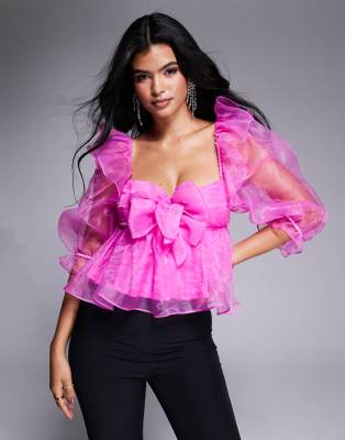 ASOS LUXE organza babydoll top with bow details in hot pink φωτογραφία