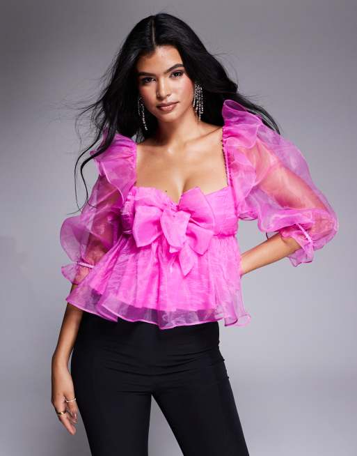 ASOS LUXE organza babydoll top with bow details in hot pink ASOS