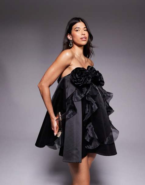 ASOS LUXE organza bandeau mini dress with 3D flower detail in black - view 1