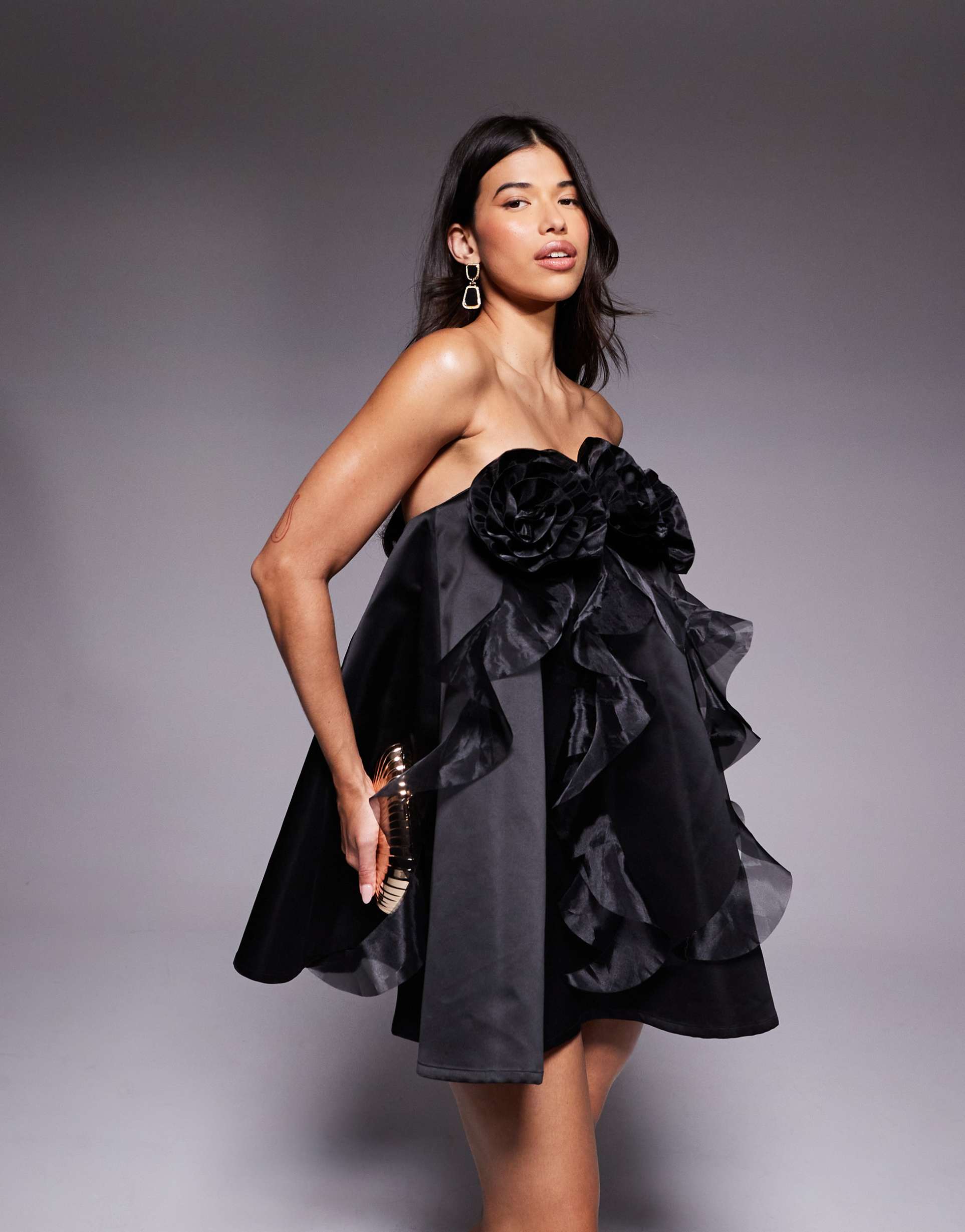 asos luxe organza bandeau mini dress with 3d flower detail in black