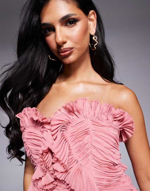 ASOS LUXE organza bandeau pleated ruffle mini dress in Blush, 4 of 4