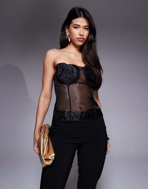 ASOS LUXE organza bandeau top with heart detail in black - view 1