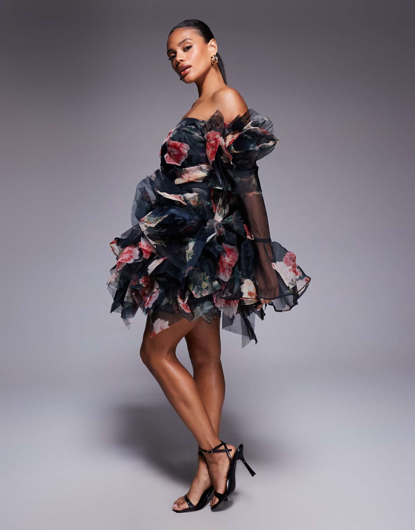 Роскошное мини-платье ASOS bardot из органзы с цветочным принтом