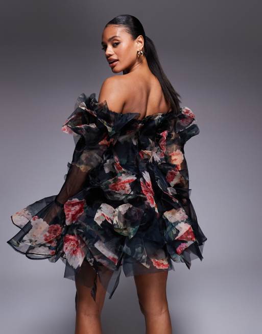 ASOS LUXE organza bardot mini dress in floral print, 4 of 4