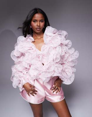 ASOS LUXE - Organza-Jacke aus Draht-Blumenrüschen mit Blümchenmuster-Rosa