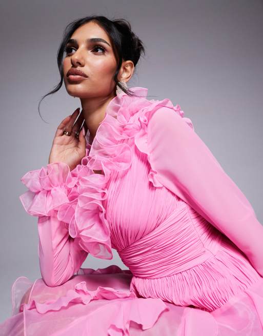 ASOS LUXE organza long sleeve exaggerated ruffle mini dress in pink
