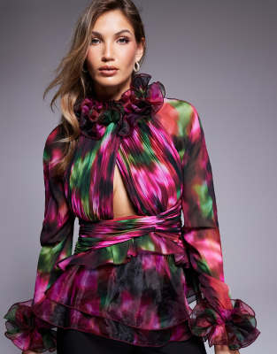 organza long sleeve exaggerated ruffle top in blurred floral-Multi