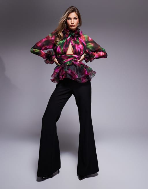 ASOS LUXE organza long sleeve exaggerated ruffle top in blurred floral, 2 of 4