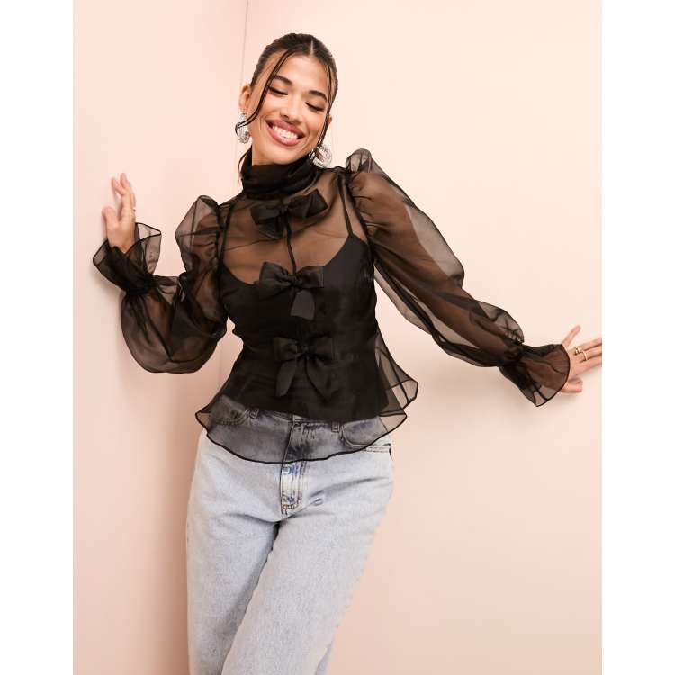 ASOS LUXE organza long sleeve top with bow detail and cami in black