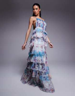 ASOS LUXE - Organza-Maxikleid mit asymmetrischen Rüschen und Blumenmuster-Bunt