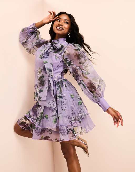 ASOS LUXE organza mini swing dress with pussy bow in purple floral print