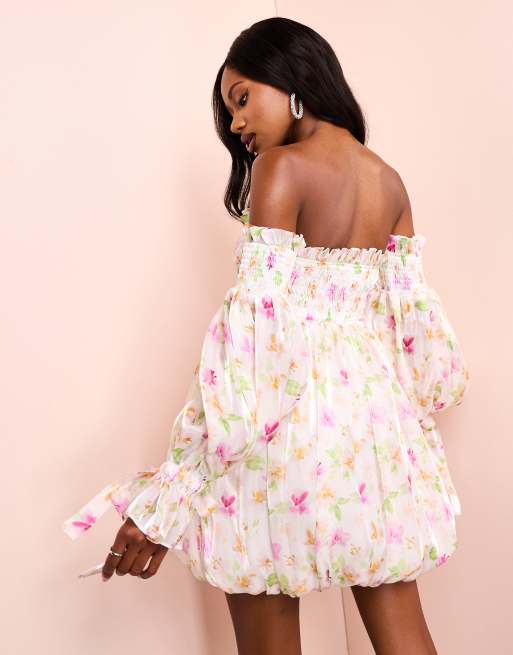 ASOS LUXE organza off shoulder ruched bubble mini dress in silver floral print, 4 of 4