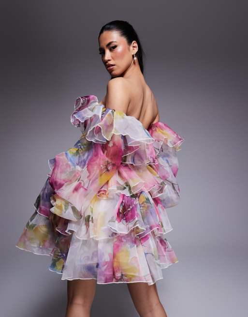 ASOS LUXE organza off the shoulder tiered mini dress in blurred floral print