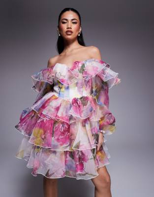 ASOS LUXE organza off the shoulder tiered mini dress in