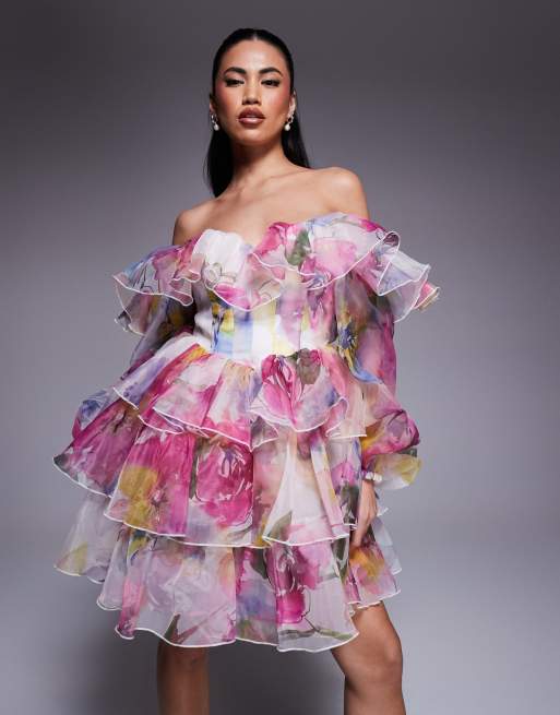 ASOS LUXE organza off the shoulder tiered mini dress in blurred floral print