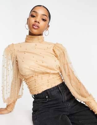 ASOS LUXE organza puff sleeve embellished top in blush