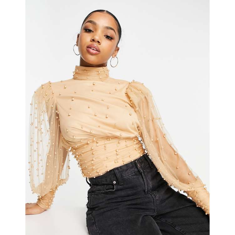 ASOS LUXE organza puff sleeve embellished top in blush