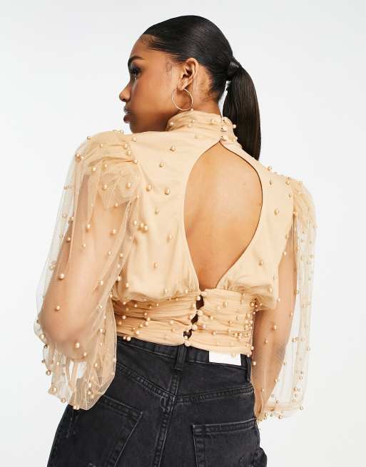 puff shoulder sheer tops / beige