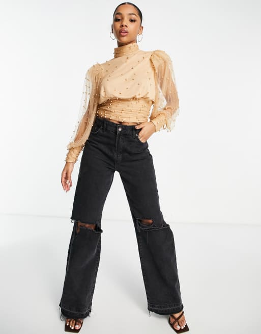 ASOS LUXE organza puff sleeve embellished top in blush