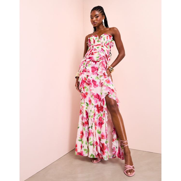 ASOS LUXE organza ruched bandeau maxi dress with ruffle skirt in pink  floral print