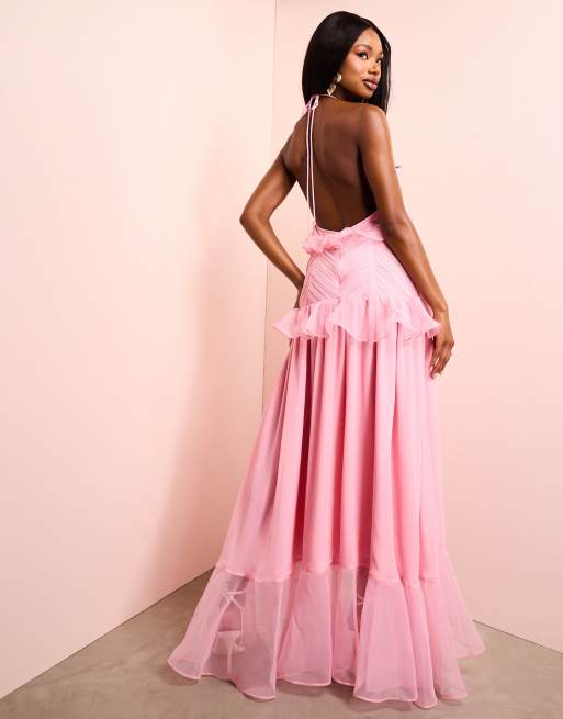 ASOS LUXE organza ruched halter neck maxi dress in pink, 3 of 4