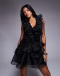 [ASOS LUXE] ASOS LUXE organza ruffle corsage mini dress in black 4 BLACK
