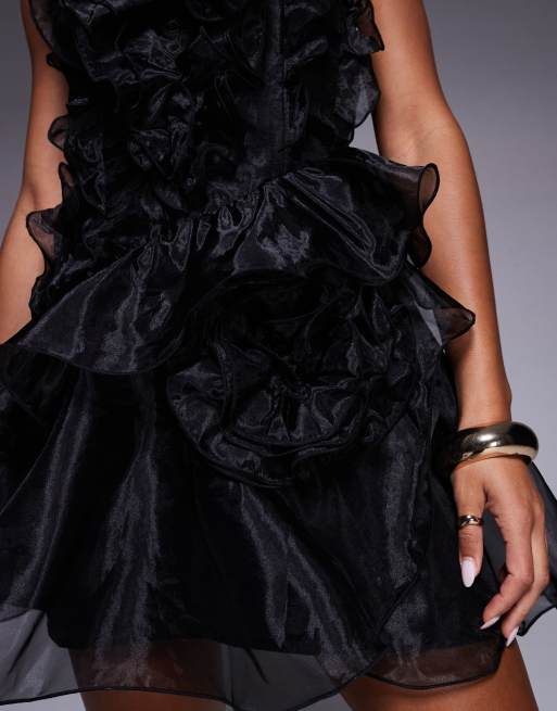 ASOS LUXE organza ruffle corsage mini dress in black