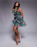 [ASOS LUXE] ASOS LUXE organza ruffle corsage mini dress in green floral print-Multi 4 MULTI