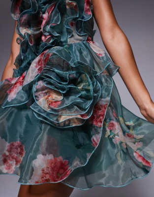 ASOS LUXE organza ruffle corsage mini dress in green floral print