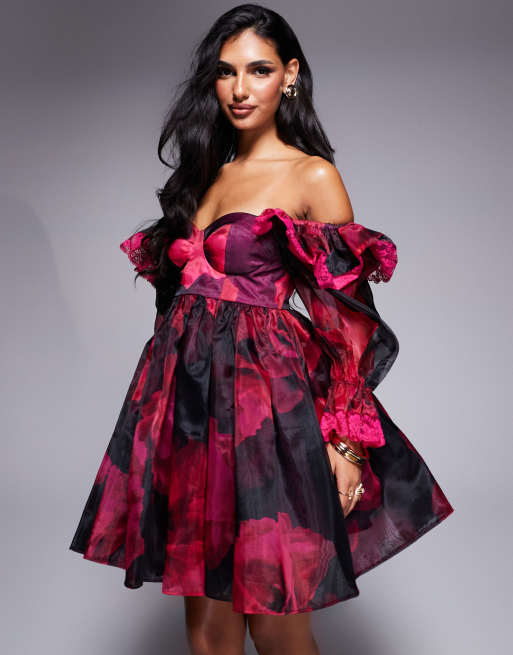 ASOS LUXE organza ruffle cupped baby doll dress with lace details in black floral print ASOS