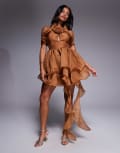 [ASOS LUXE] ASOS LUXE organza ruffle halter mini dress with corsage and drape in chocolate-Brown 8 Chocolate