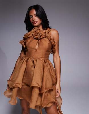 Asos Luxe Organza Ruffle Halter Mini Dress With Corsage And Drape In Brown