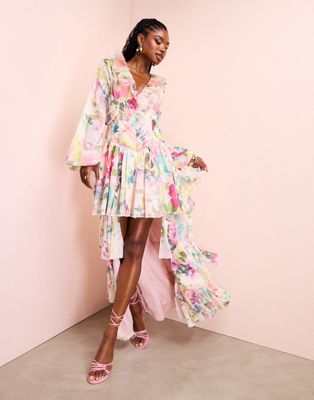 ASOS LUXE organza ruffle high low maxi dress in floral print